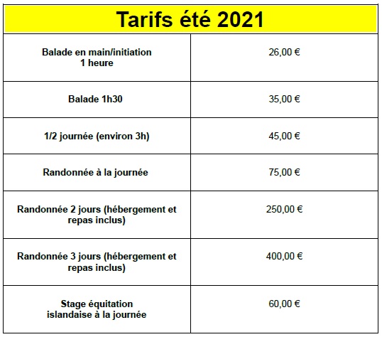 tableau des tarifs 2021 mise à jour mai 2021