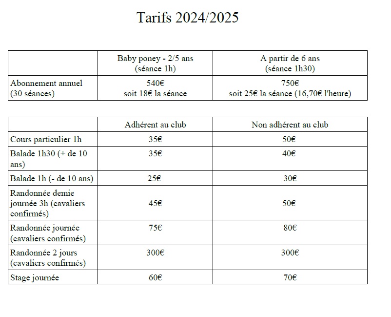 tarifs des activités équitation pour l'année 2024 2025