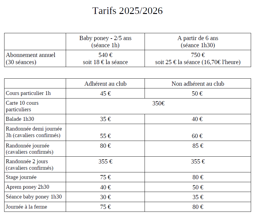 tableau tarifs année 2025 2026